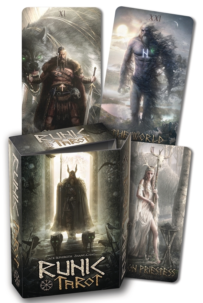 Cover to the Book Kit of the Runic Tarot with 3 sample cards.